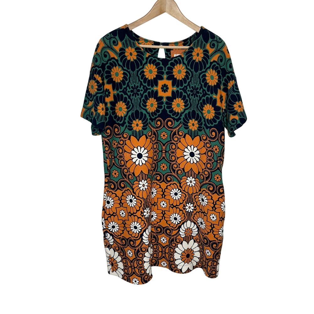 Anthropologie Teal and Rust Floral Shift Dress - Picture 3 of 14